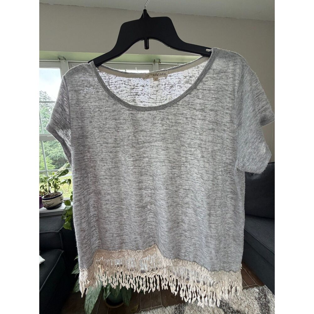 Rewind Gray Marled Knit Boho Fringe Hem Top - Size Large